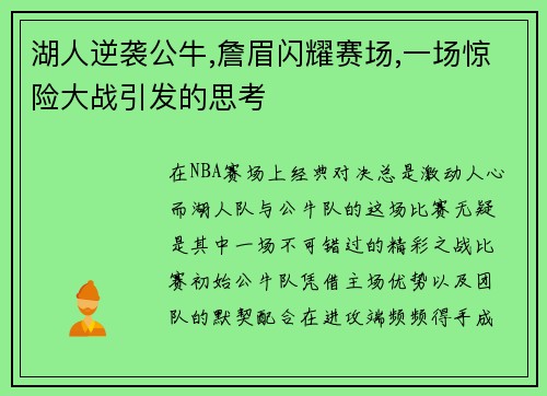 湖人逆袭公牛,詹眉闪耀赛场,一场惊险大战引发的思考