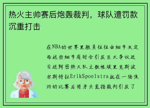 热火主帅赛后炮轰裁判，球队遭罚款沉重打击