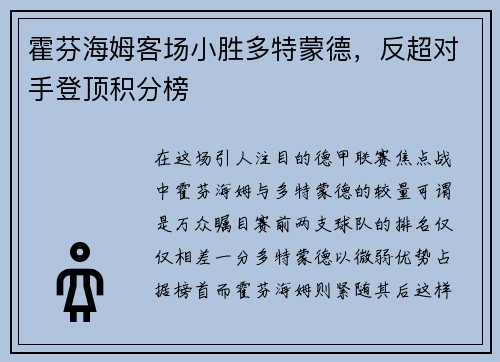 霍芬海姆客场小胜多特蒙德，反超对手登顶积分榜