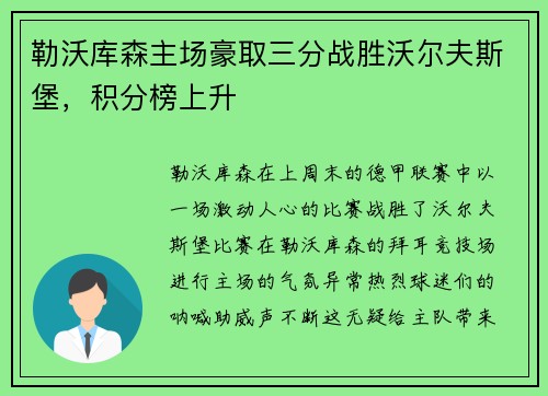 勒沃库森主场豪取三分战胜沃尔夫斯堡，积分榜上升