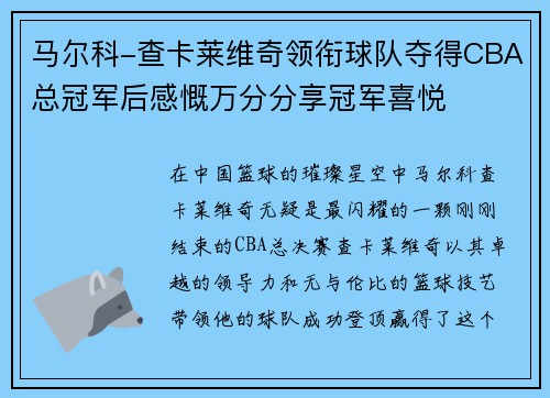 马尔科-查卡莱维奇领衔球队夺得CBA总冠军后感慨万分分享冠军喜悦